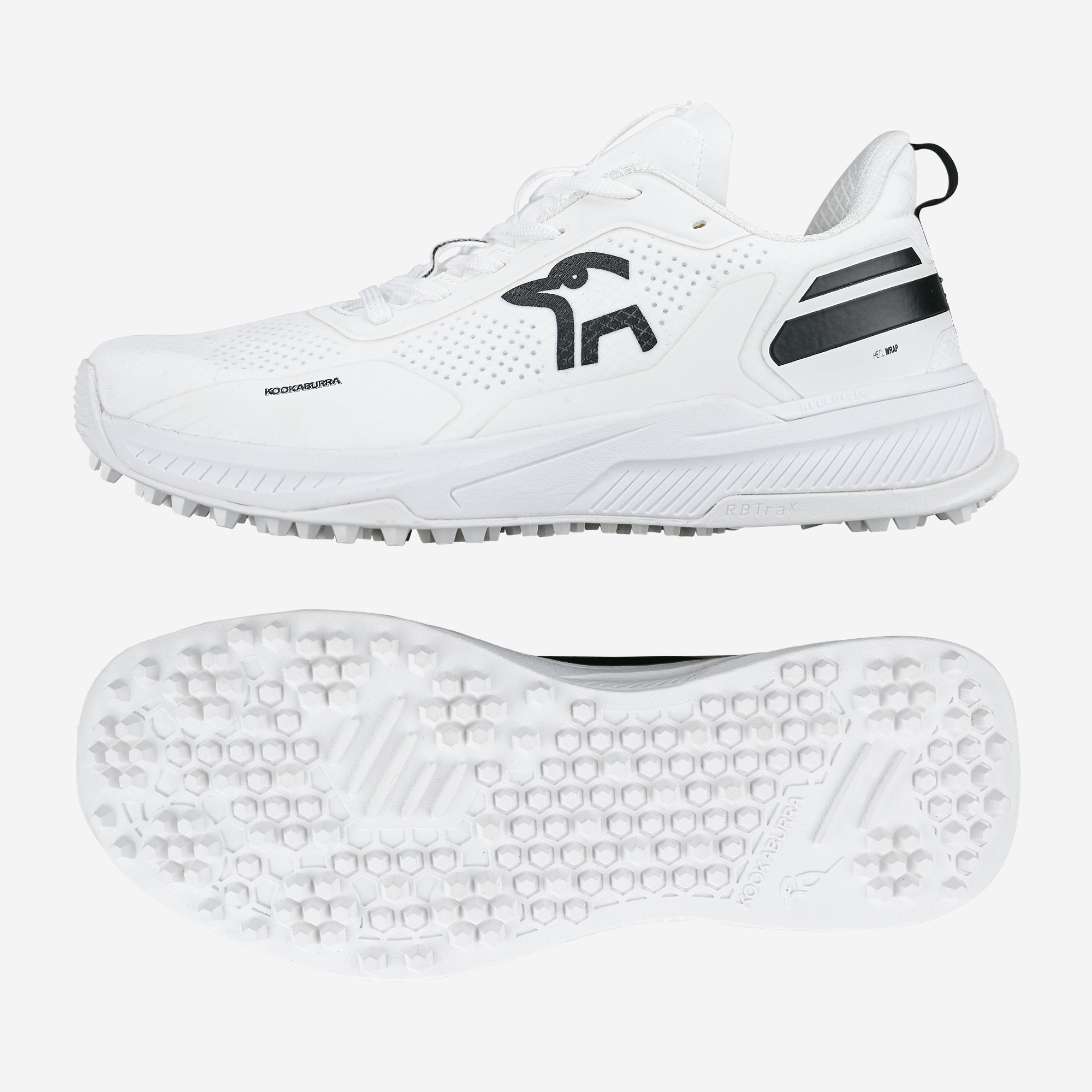 The Kookaburra KC Players Rubber Soled Cricket Shoes, shown in white with black accents, feature the brand’s logo and a textured, grippy sole—ideal for professional-grade cricket performance.