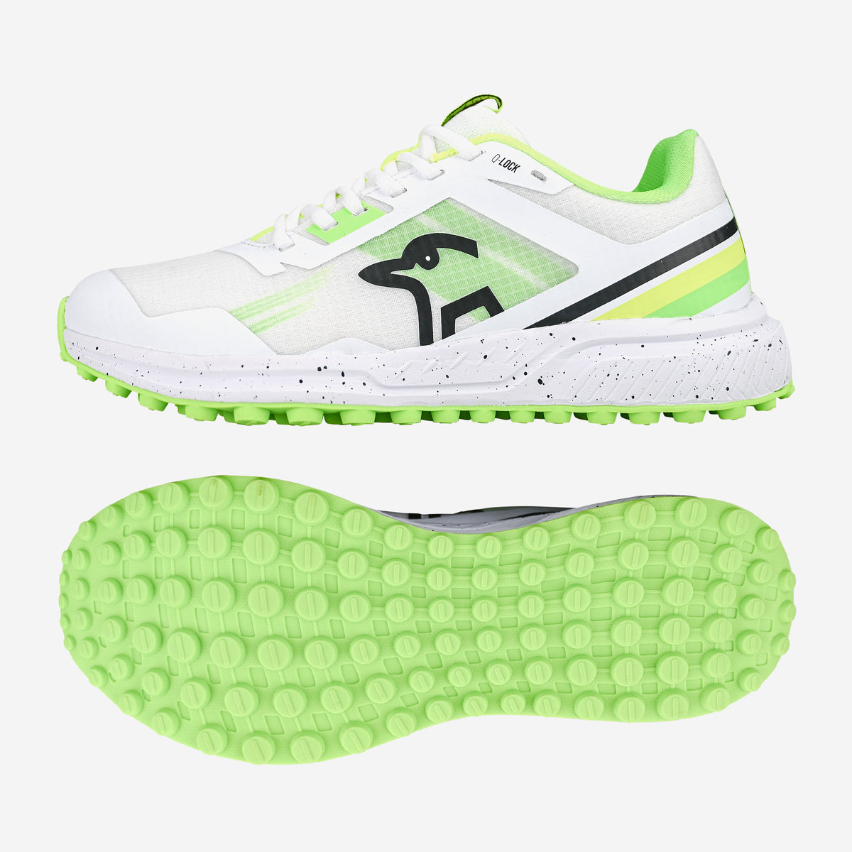 The Kookaburra KC 2.0 Rubber Soled Cricket Shoes by Kookaburra are shown from side and bottom, featuring a yellow/green color scheme, abstract black logo, speckled midsole, and bright green circular-tread rubber outsole for indoor cricket.