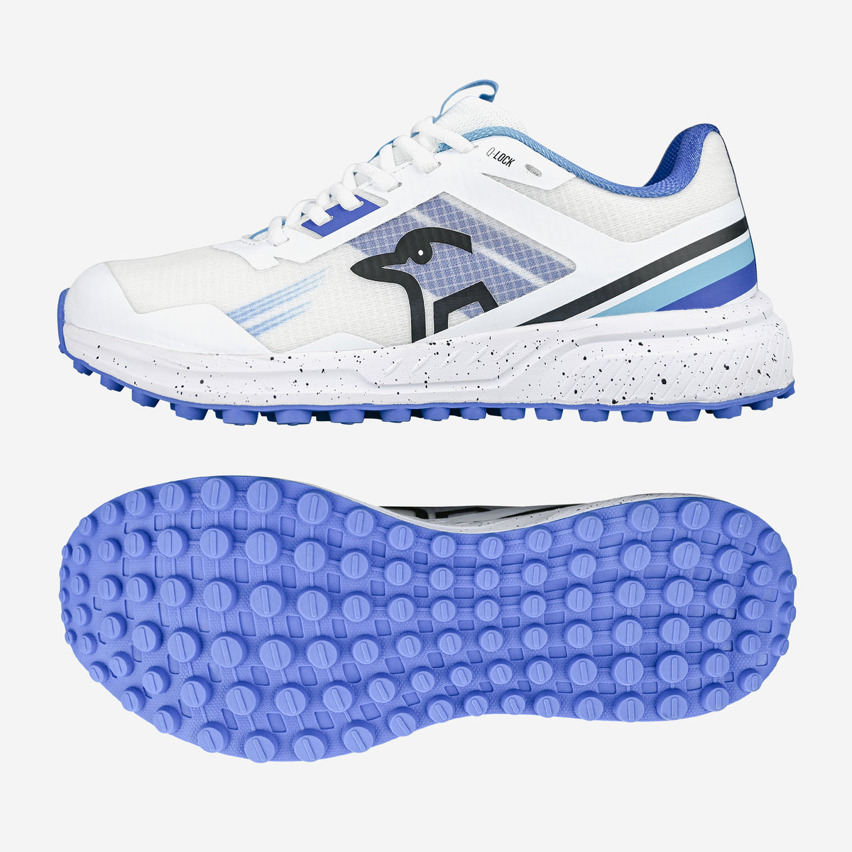 The Kookaburra KC 2.0 Rubber Soled Cricket Shoes by Kookaburra feature a blue/sky color scheme, geometric side design, cushioned blue sole, and textured tread—perfect for cricket training. Side and bottom views highlight key sporty details.