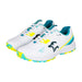The Kookaburra KC 3.0 Rubber Soled Cricket Shoes 2026 feature white uppers with aqua and yellow accents, teal lining, yellow laces, a black bird logo, and patterned rubber outsoles for synthetic cricket surfaces.
