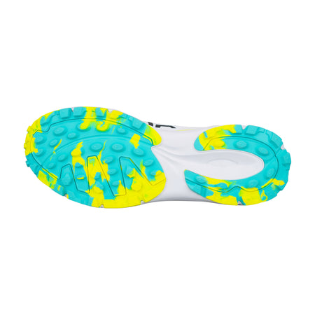 The image displays the sole of the Kookaburra KC 3.0 Rubber Soled Cricket Shoes 2026, featuring a textured pattern with turquoise and yellow accents on white, designed for enhanced traction and dynamic performance.
