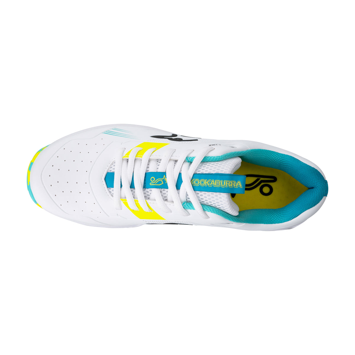 Top view of the Kookaburra KC 3.0 Rubber Soled Cricket Shoes 2026, featuring a teal inner lining, yellow side accents, black tongue logo, perforated toe area, and Kookaburra branding on the insole.
