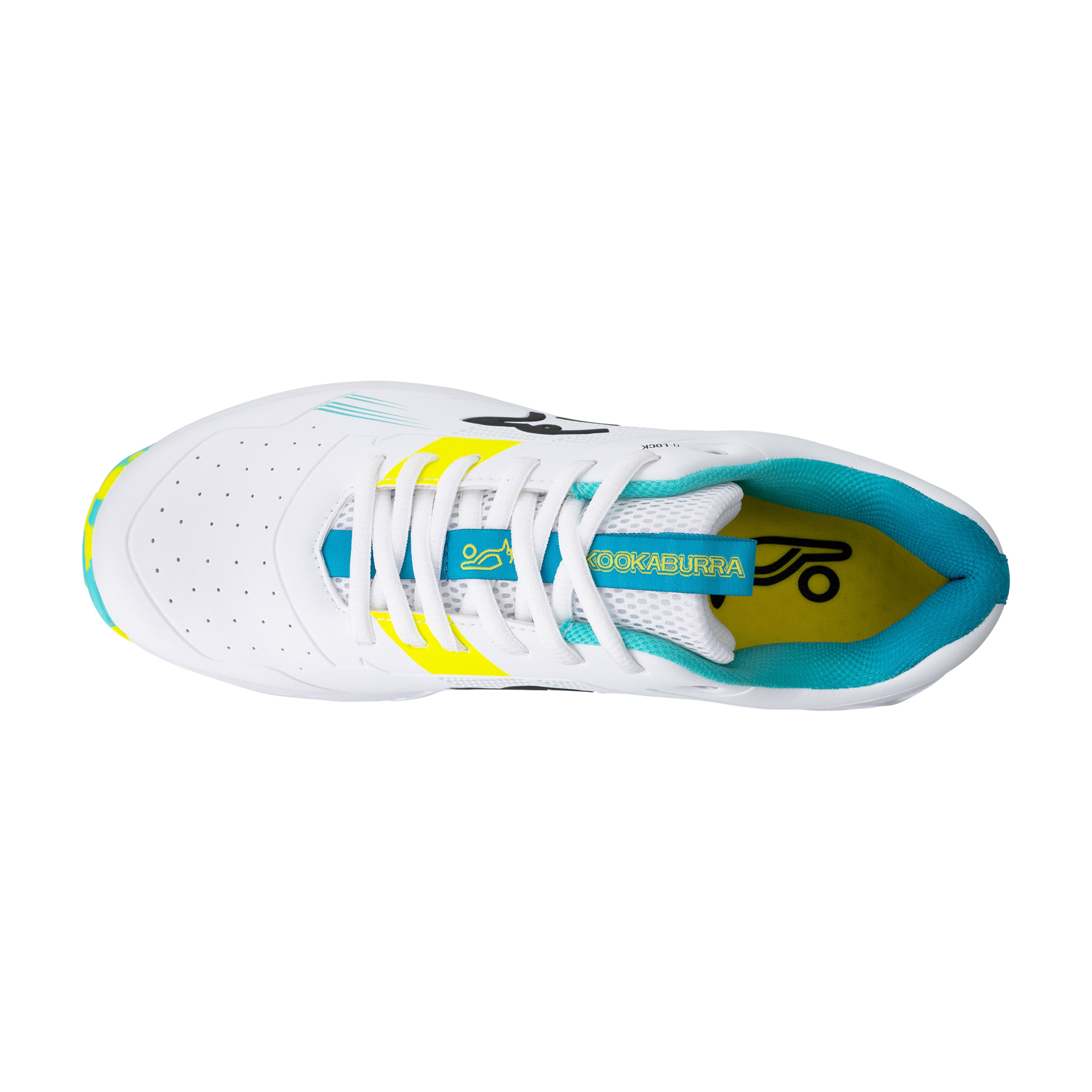 Top view of the Kookaburra KC 3.0 Rubber Soled Cricket Shoes 2026, featuring a teal inner lining, yellow side accents, black tongue logo, perforated toe area, and Kookaburra branding on the insole.