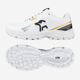 Kookaburra KC 3.0 Rubber Soled Cricket Shoes 2026 in Gold/Black, featuring a stylized bird logo, lightweight design, and a textured sole grip ideal for synthetic surfaces. Side and sole views highlight key details.