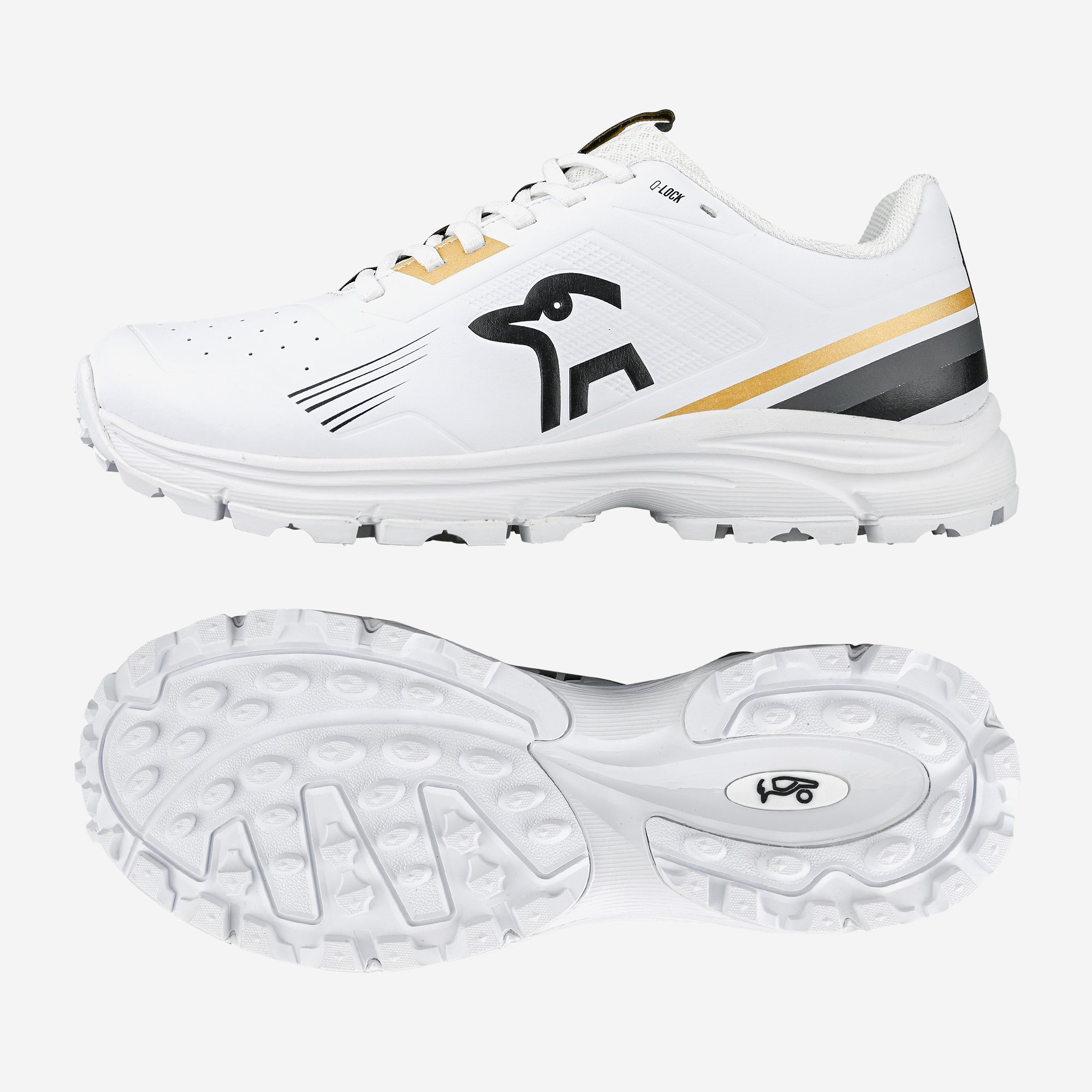 Kookaburra KC 3.0 Rubber Soled Cricket Shoes 2026 in Gold/Black, featuring a stylized bird logo, lightweight design, and a textured sole grip ideal for synthetic surfaces. Side and sole views highlight key details.