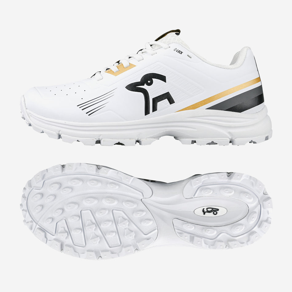 Kookaburra KC 3.0 Rubber Soled Cricket Shoes 2026 in Gold/Black, featuring a stylized bird logo, lightweight design, and a textured sole grip ideal for synthetic surfaces. Side and sole views highlight key details.