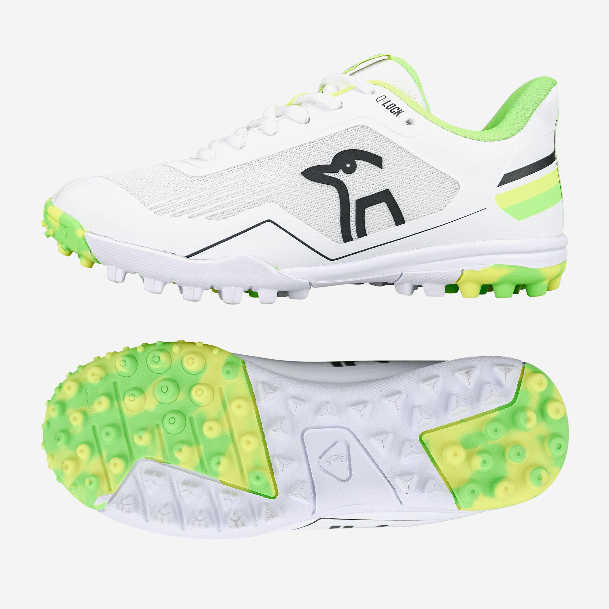The Kookaburra KC 5.0 Rubber Soled Junior Cricket Shoes 2025 feature a green/yellow design, round rubber studs for traction on synthetic surfaces, and side/bottom views. Brand: Kookaburra.