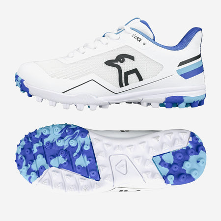 The Kookaburra KC 5.0 Rubber Soled Junior Cricket Shoes 2025 (Blue/Sky) feature the Kookaburra logo on the side and blue-patterned cleated soles, shown from both side and sole views against a plain white background.
