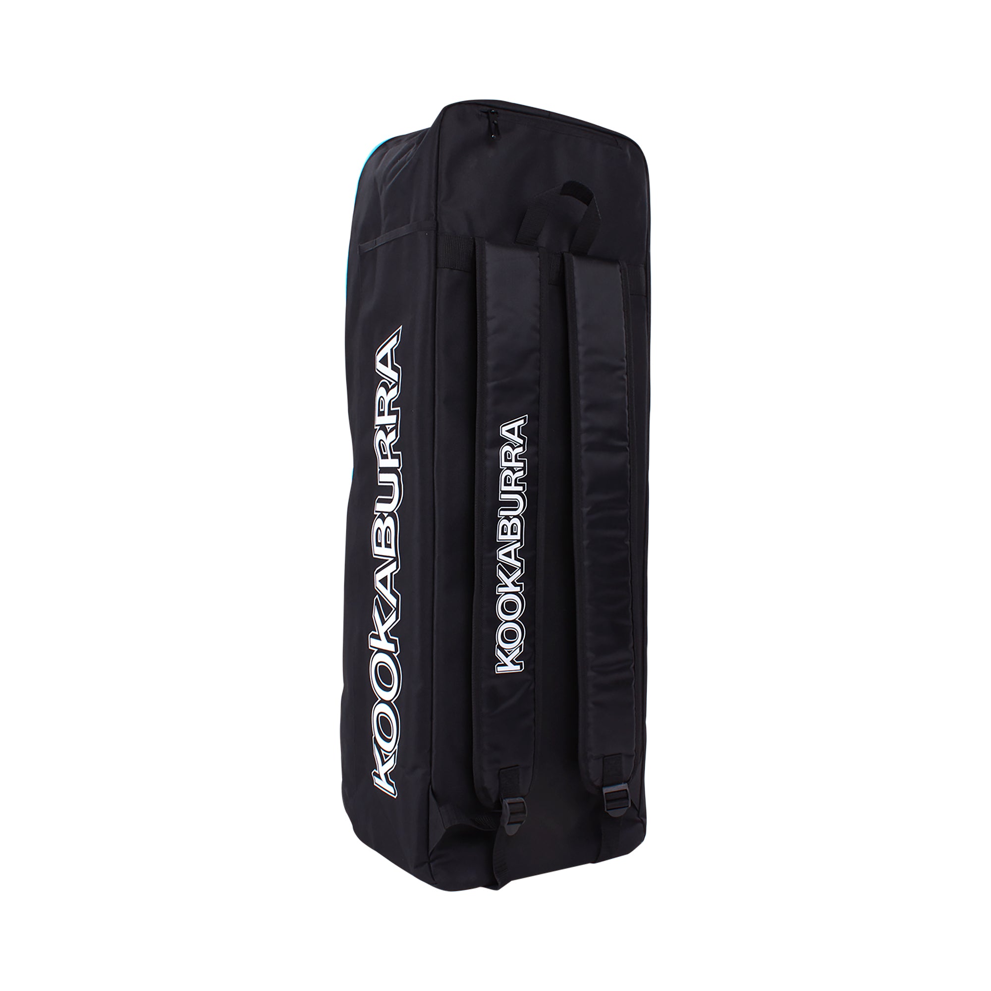 The Kookaburra D5500 Duffle Black/Purple 2025 sports bag features wheels, padded airflow straps, a bat sleeve, and the KOOKABURRA brand in white on the side and straps. The bag stands upright against a white background.