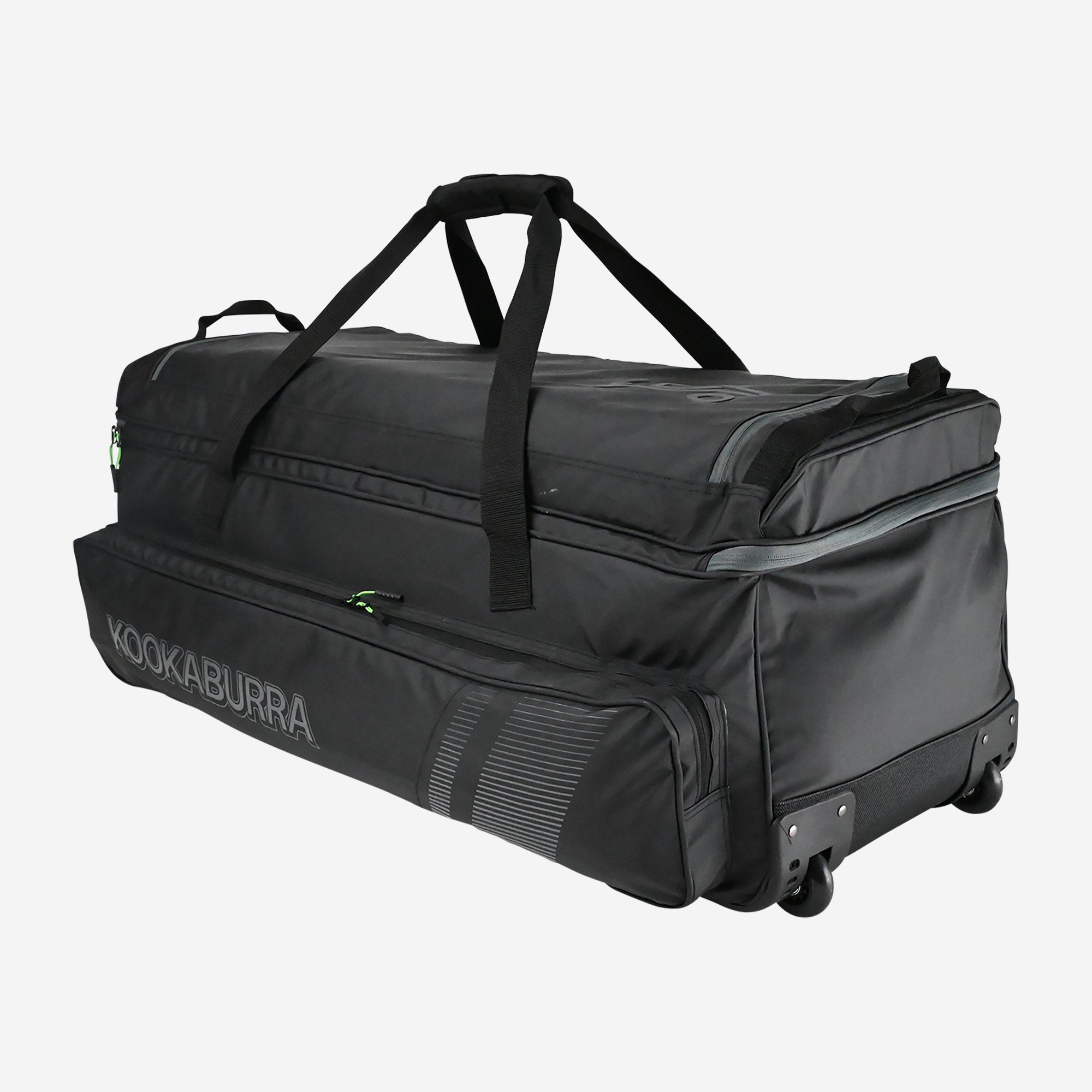 The Kookaburra Pro Players Wheelie 2026 is a large black cricket gear bag with wheels, double-decker storage, multiple zippered compartments, short handles, and bold Kookaburra branding on the side.