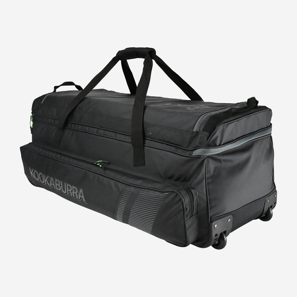 The Kookaburra Pro Players Wheelie 2026 is a large black cricket gear bag with wheels, double-decker storage, multiple zippered compartments, short handles, and bold Kookaburra branding on the side.