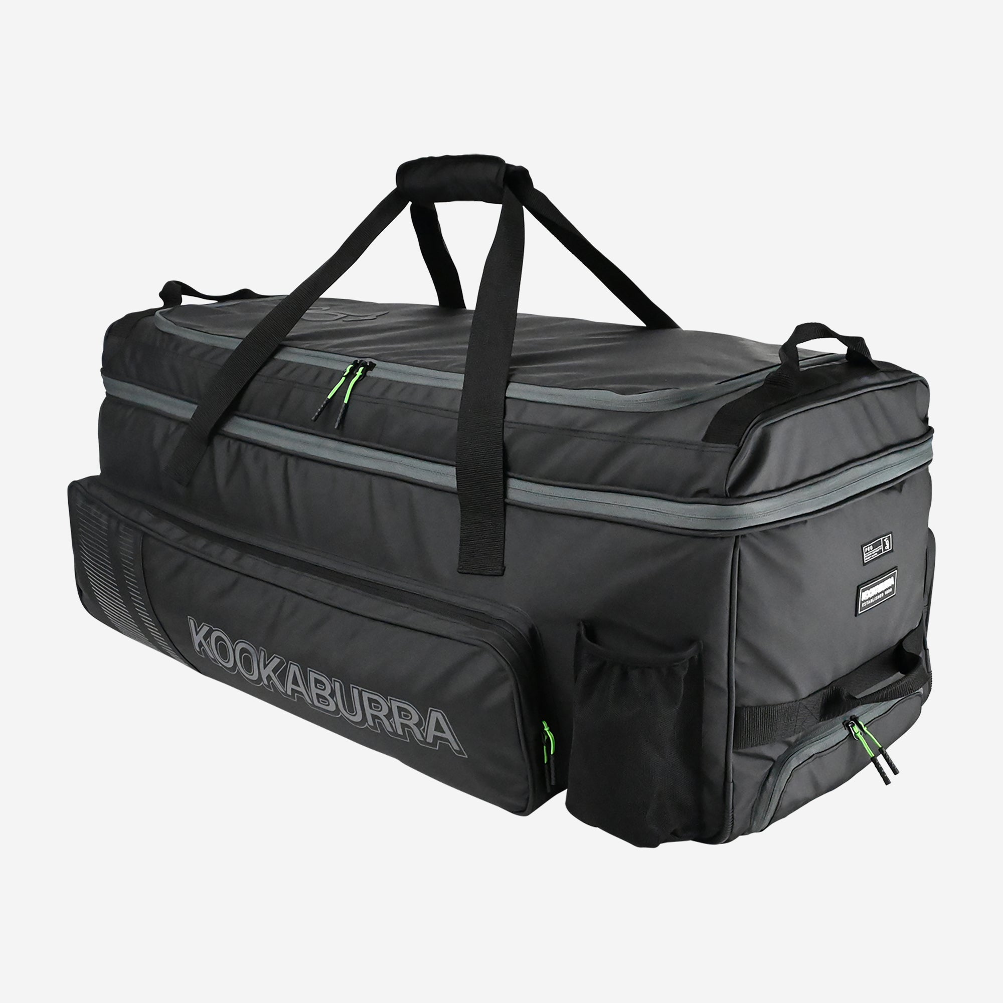 The Kookaburra Pro Players Wheelie 2026 is a spacious black and gray cricket gear bag with brand logo, double decker storage, multiple zippered compartments, handles, and a side pocket—perfect for players.
