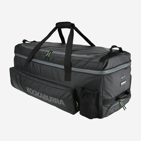 The Kookaburra Pro Players Wheelie 2026 is a spacious black and gray cricket gear bag with brand logo, double decker storage, multiple zippered compartments, handles, and a side pocket—perfect for players.