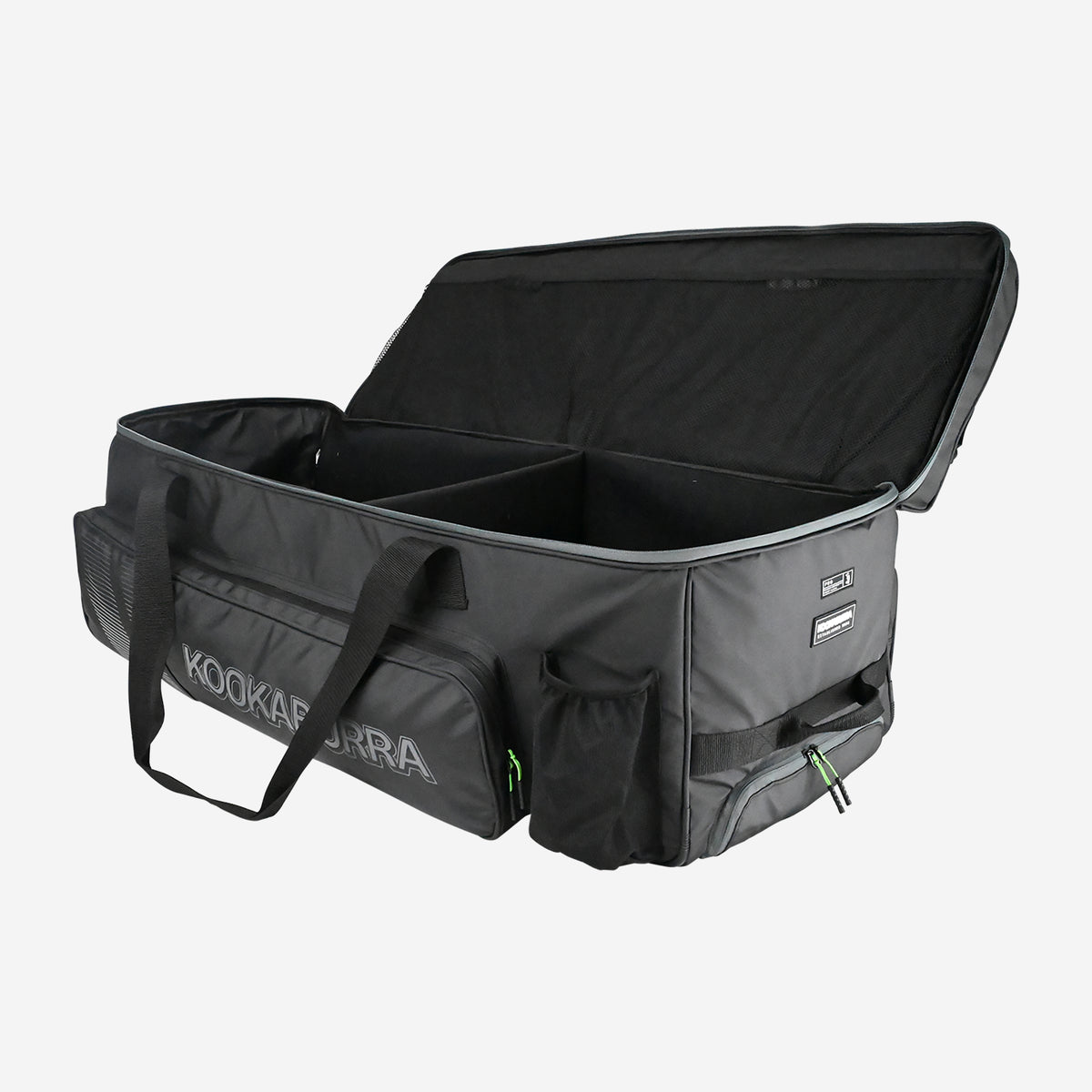 The Kookaburra Pro Players Wheelie 2026 is a large black bag with double decker storage, multiple compartments and pockets, two handles, the Kookaburra logo on the side, and an open top showing its spacious interior.