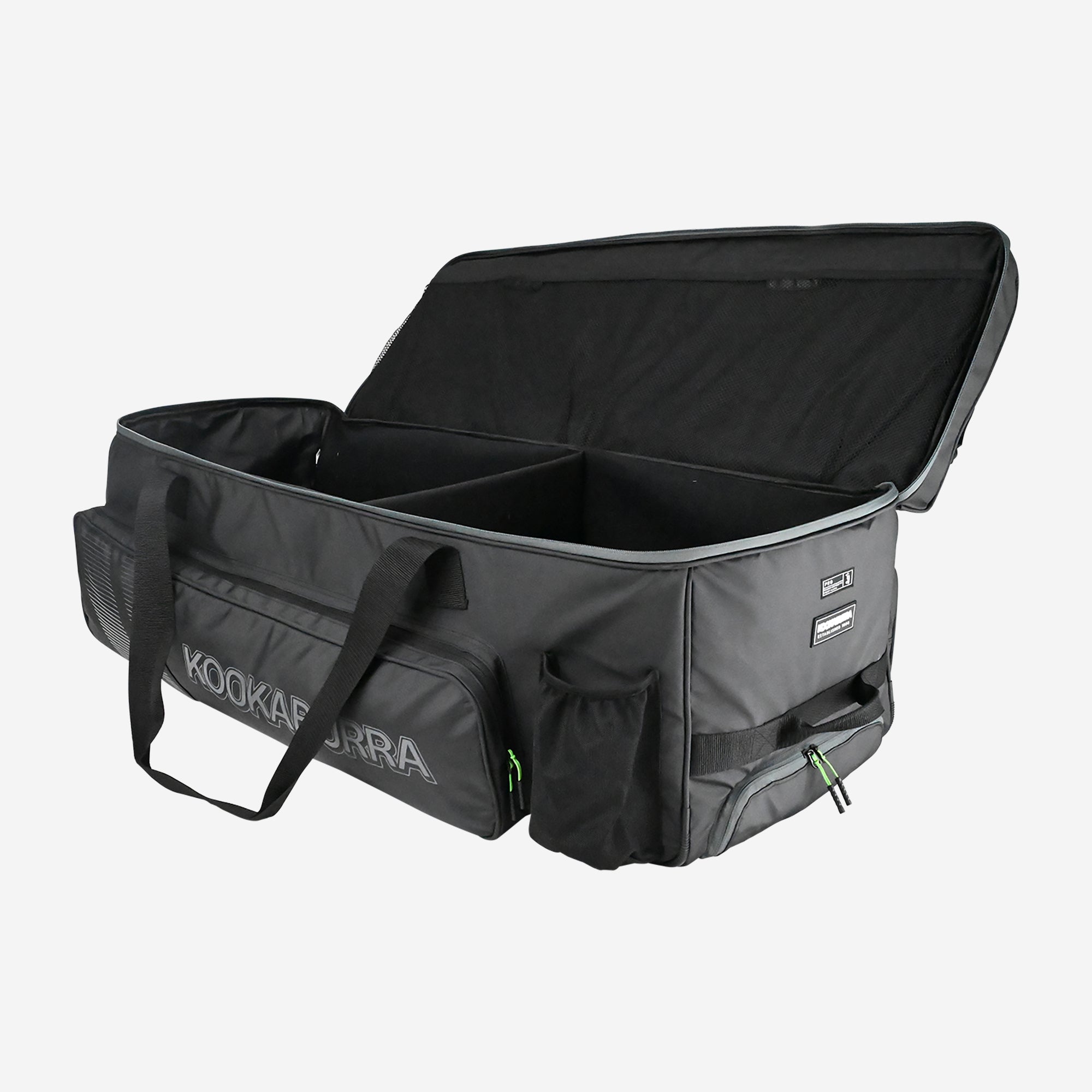 The Kookaburra Pro Players Wheelie 2026 is a large black bag with double decker storage, multiple compartments and pockets, two handles, the Kookaburra logo on the side, and an open top showing its spacious interior.