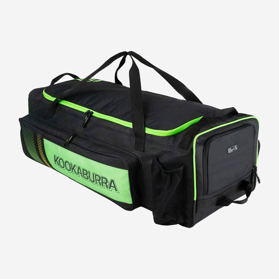 The Kookaburra Pro 3500 Wheelie 2026 is a large black and neon green kit bag featuring multiple zippered compartments, side pockets, two carrying handles, and bold branding—ideal for storing your cricket gear.