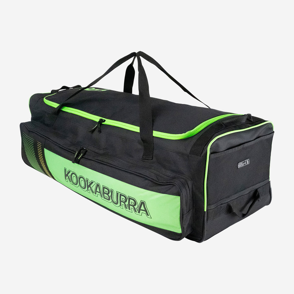 The Kookaburra 4500 Wheelie 2025 is a spacious black and N.Green cricket bag with multiple zippered compartments, two top handles, a side handle, and ample storage, shown against a plain white background.