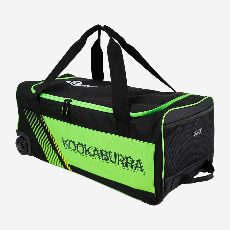 The Kookaburra 9500 Wheelie 2025 is a black and neon green cricket bag with two handles, wheels, a zippered top, and a green accent stripe. The Kookaburra logo is printed on the side.