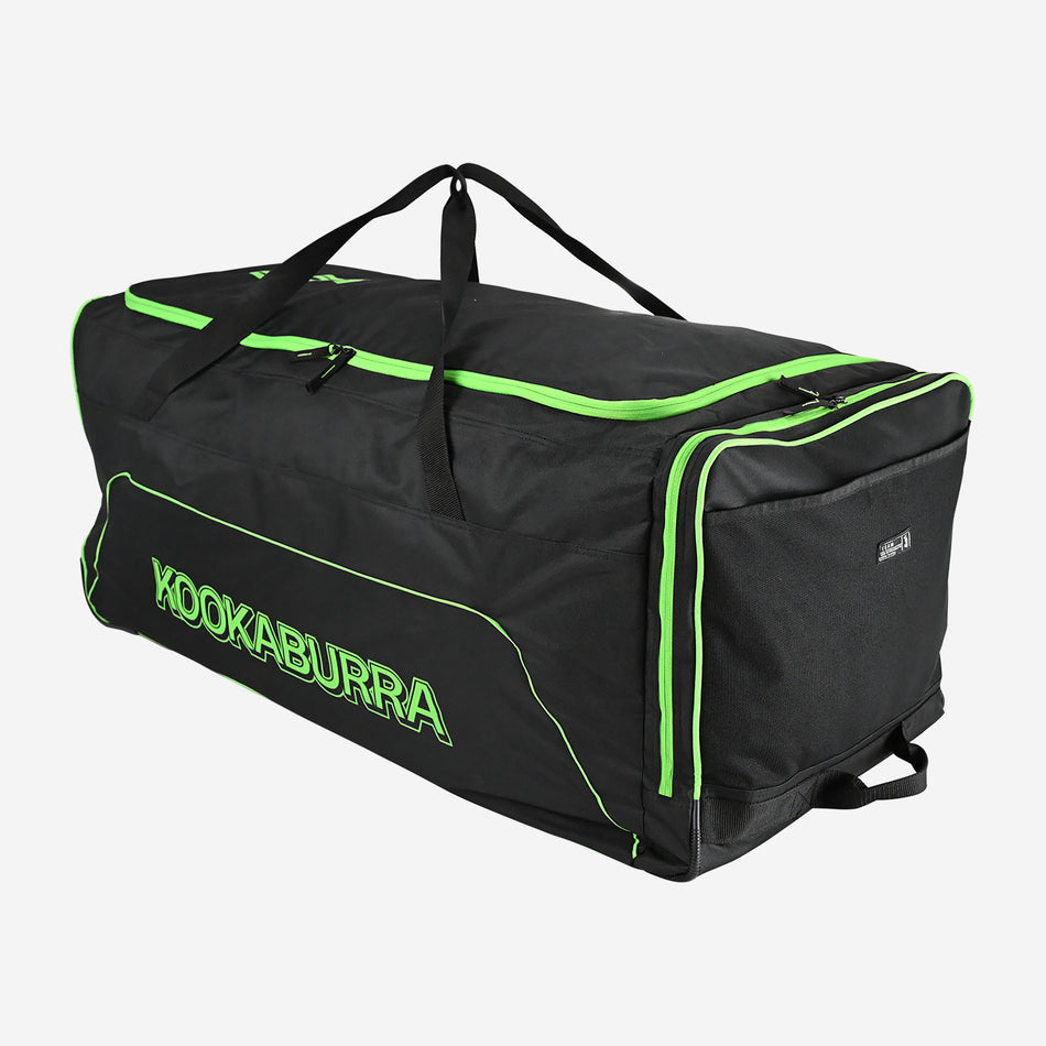 The Kookaburra Team Wheelie 2026 is a spacious black cricket bag with neon green accents, zipper closure, carrying handles, and Kookaburra branding—ideal for storing all your gear.