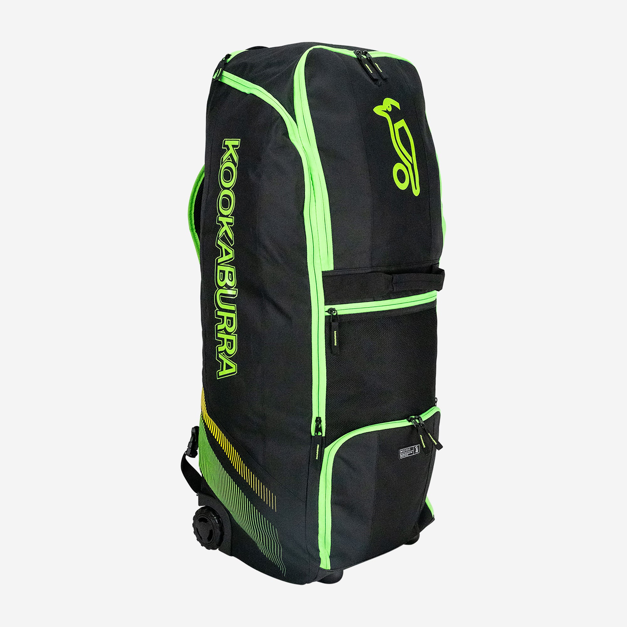 The Kookaburra WD2000 Wheelie Duffle Bag 2025 in black/neon green, featuring multiple zip compartments, wheels, and a pull handle, stands upright on a white background.