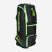 The Kookaburra WD2000 Wheelie Duffle Bag 2025 in black/neon green, featuring multiple zip compartments, wheels, and a pull handle, stands upright on a white background.