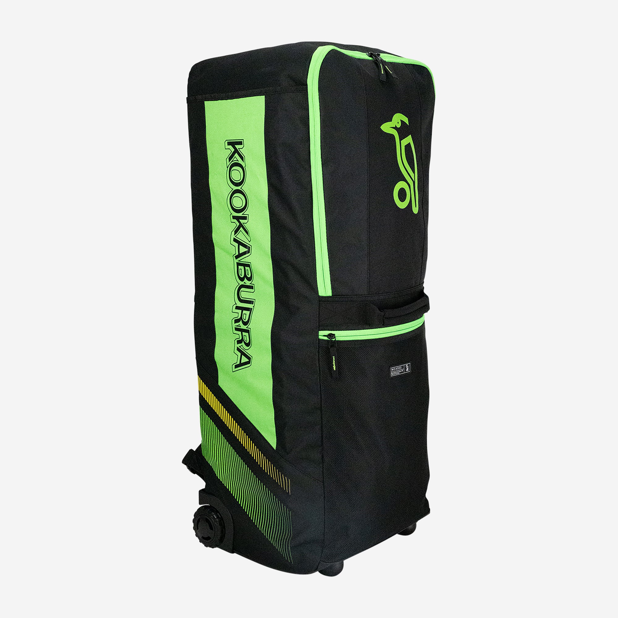 The Kookaburra WD4000 Wheelie Duffle Bag 2026 in Black/Neon Green offers durable cricket gear storage, with wheels, pull handle, and prominent Kookaburra branding on the side.
