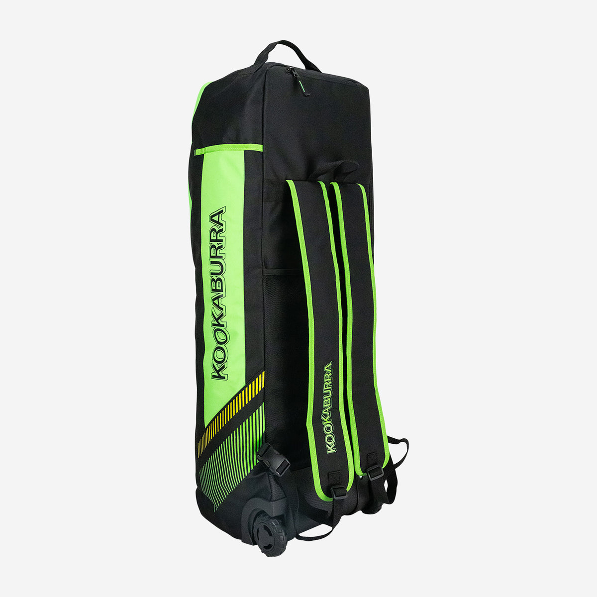 The Kookaburra WD5000 Wheelie Duffle Bag 2026 is a spacious black and neon green bag featuring wheels, shoulder straps, and a top handle for easy carrying and versatile transport.