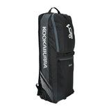 The Kookaburra WD5000 Wheelie Duffle Bag 2026 in Black/Grey features a handle, spacious design, and bold white Kookaburra logo—ideal as a cricket bag—shown upright on a white background.