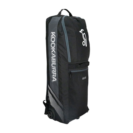 The Kookaburra WD5000 Wheelie Duffle Bag 2026 in Black/Grey features a handle, spacious design, and bold white Kookaburra logo—ideal as a cricket bag—shown upright on a white background.