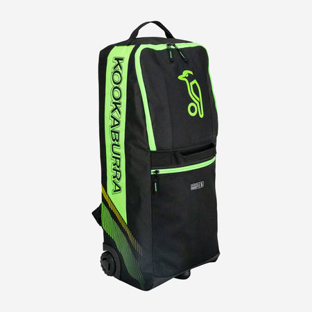The Kookaburra WD6000 Junior Wheelie Duffle Bag 2026 in Black/Neon Green features wheels, a top handle, two zip compartments, and the iconic brand logo—ideal for young cricketers needing a stylish and practical bag.