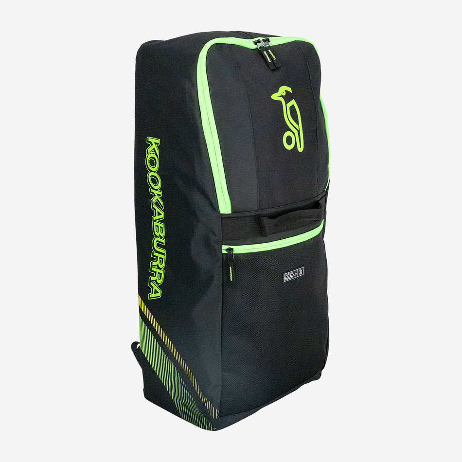 The Kookaburra D6500 Duffle Bag 2026 in black and neon green, with the Kookaburra logo and name on the side, stands upright against a white background—a great cricket bag for young players.