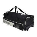 The Kookaburra Pro 3500 Wheelie 2026 is a large black/bone cricket bag with dual carrying handles, wheels for easy transport, and a side pocket, shown against a plain white background.