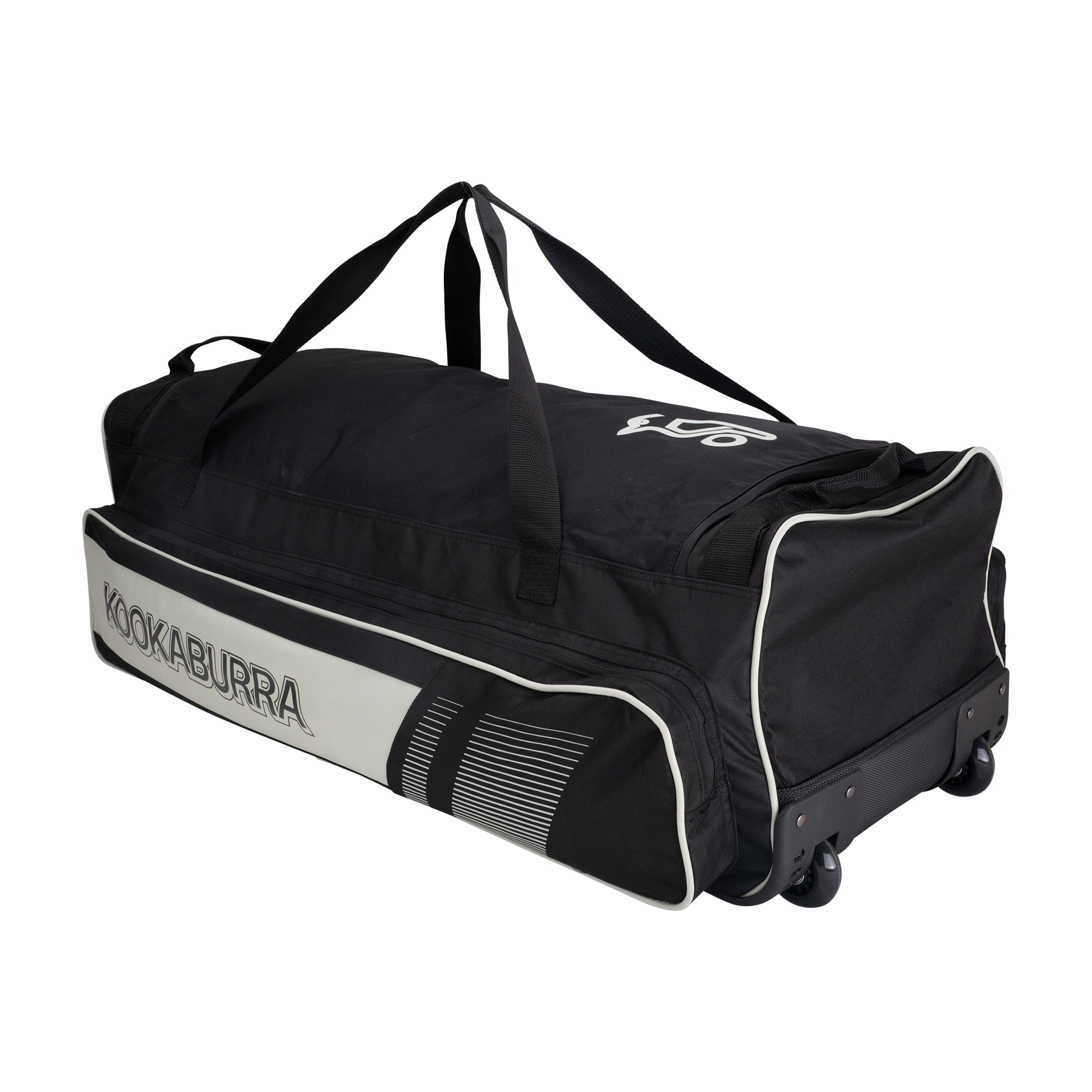 The Kookaburra Pro 3500 Wheelie 2026 is a large black/bone cricket bag with dual carrying handles, wheels for easy transport, and a side pocket, shown against a plain white background.