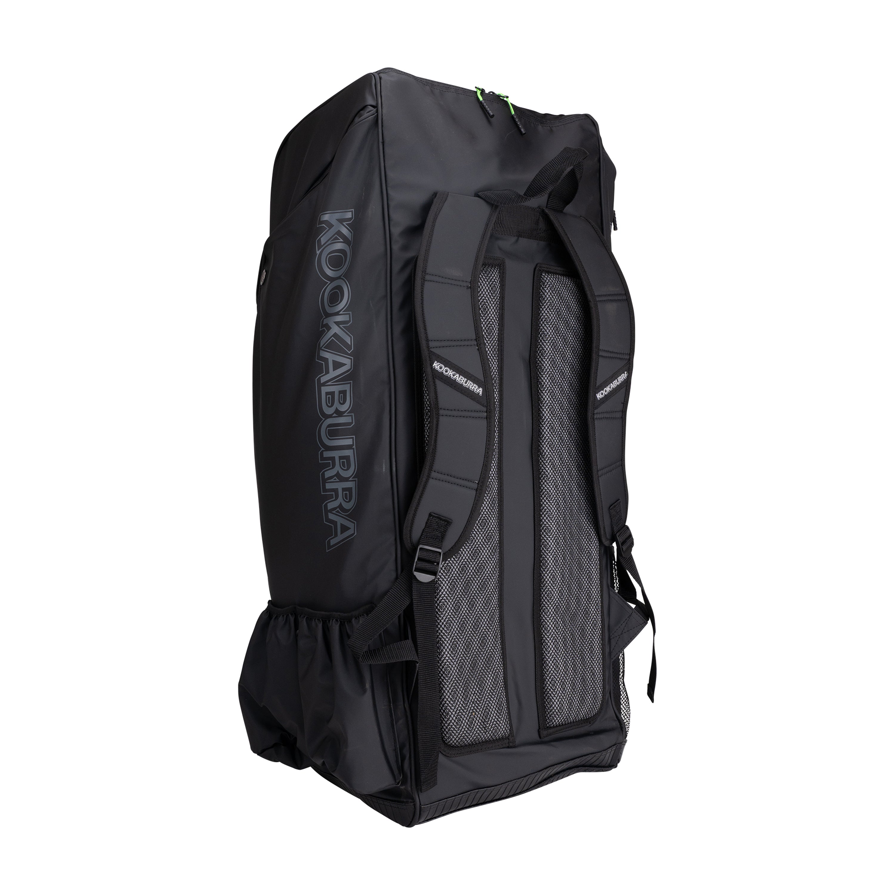 The Kookaburra Pro Players Duffle 2026 is a large black cricket kit bag with two padded shoulder straps, mesh panels, and "KOOKABURRA" printed vertically. It features the Stand Easy System and stands upright. Brand: Kookaburra.