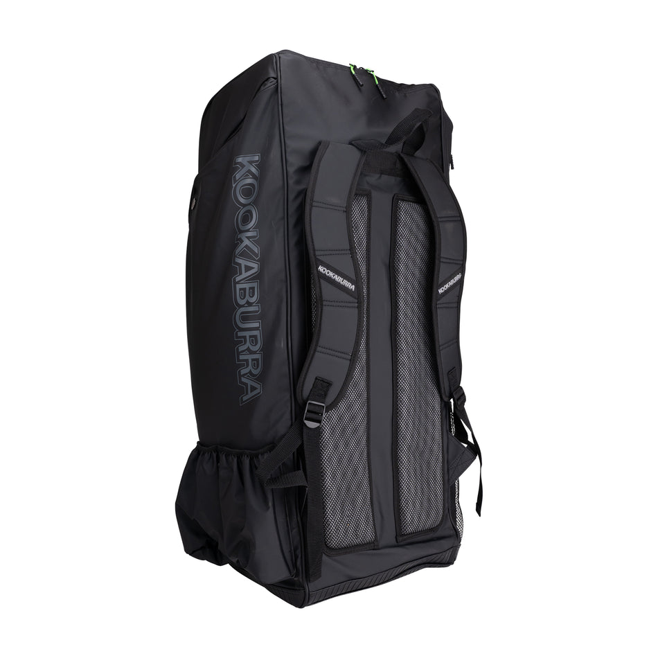 The Kookaburra Pro Players Duffle 2026 is a large black cricket kit bag with two padded shoulder straps, mesh panels, and "KOOKABURRA" printed vertically. It features the Stand Easy System and stands upright. Brand: Kookaburra.