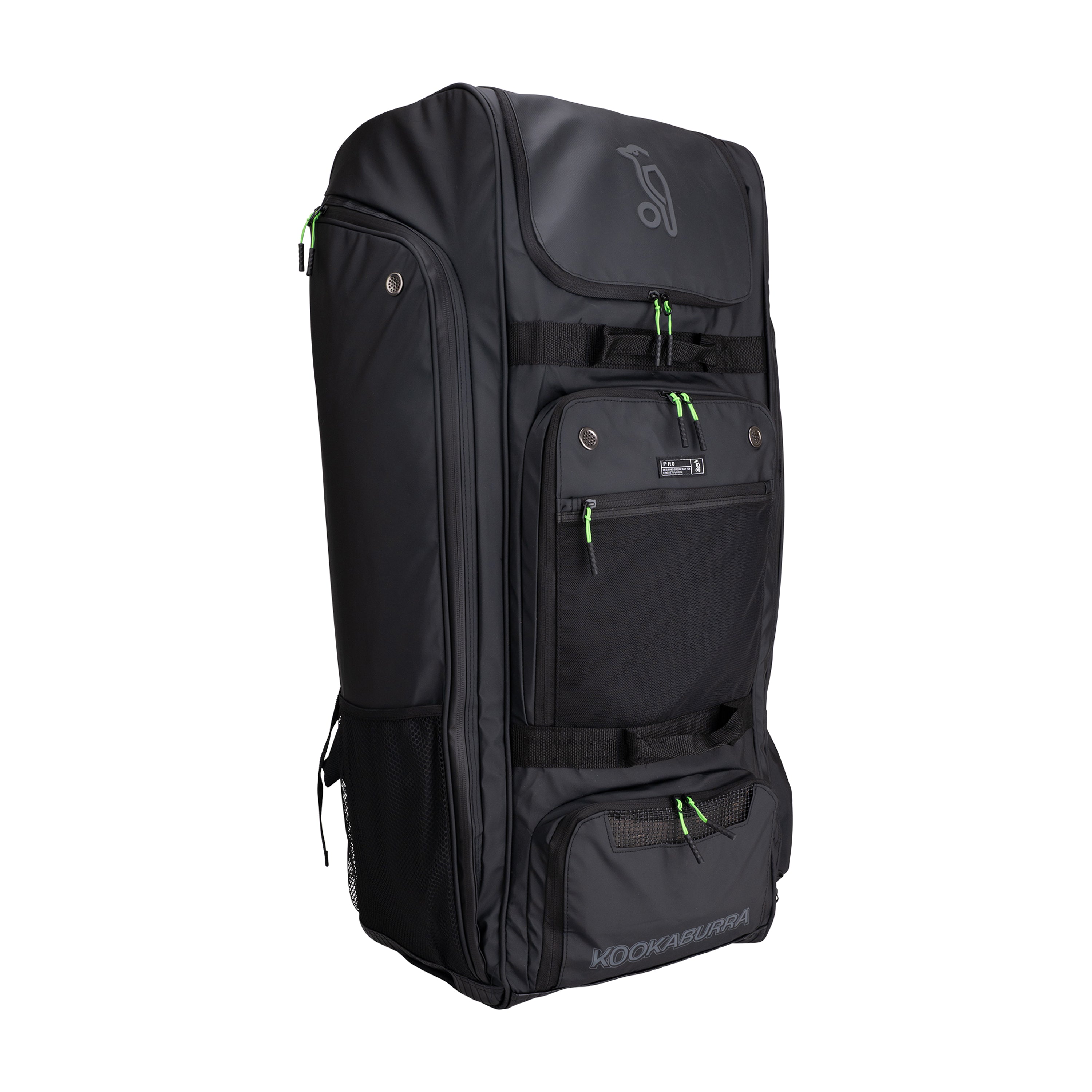 The Kookaburra Pro Players Duffle 2026 is a black cricket kit bag with zippers and the Stand Easy System for convenience—ideal for players seeking style and function.
