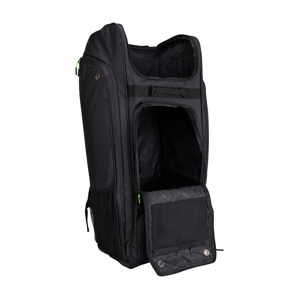 The Kookaburra Pro Players Duffle 2026 by Kookaburra stands upright with open front and top compartments, showcasing its spacious interior sections and mesh pocket details.