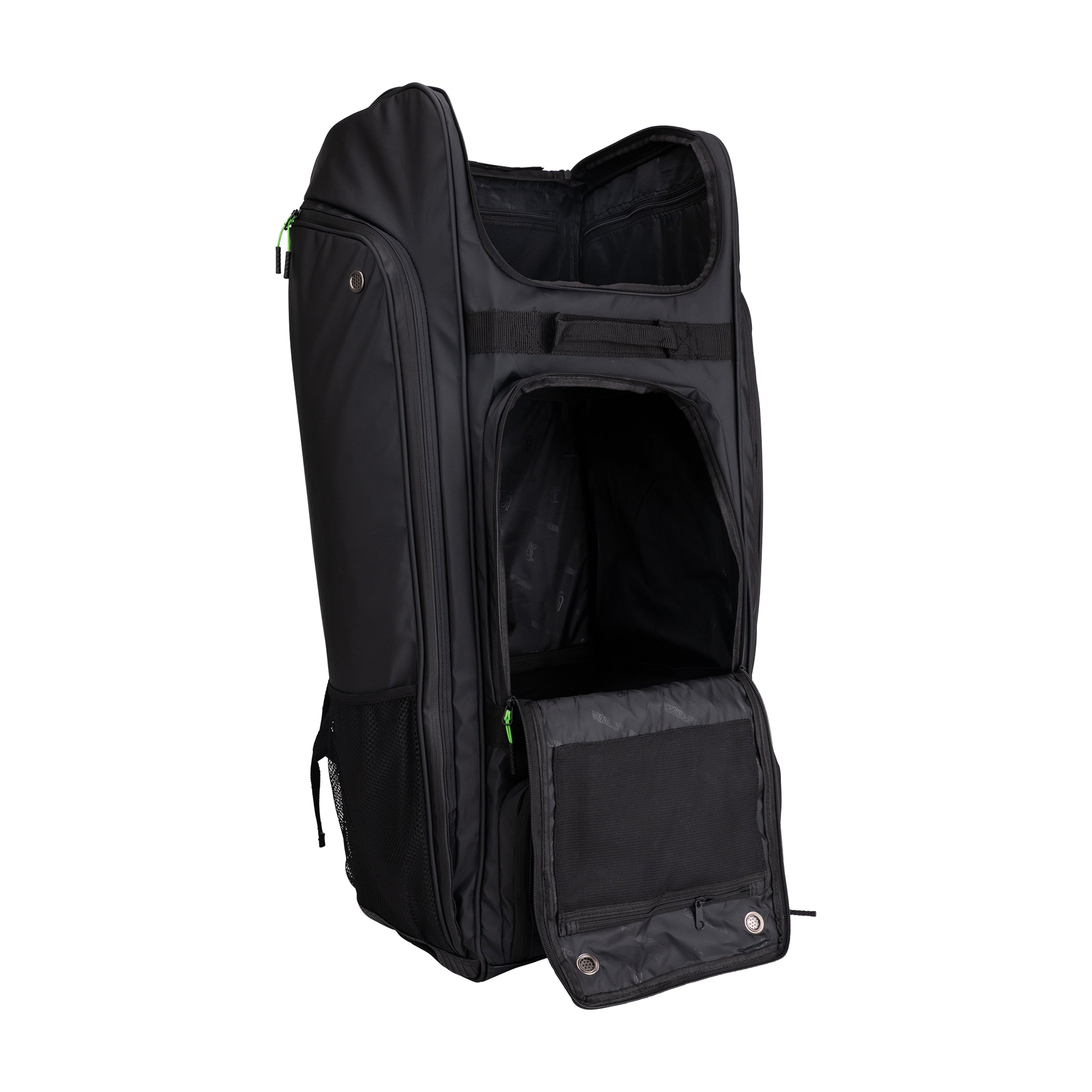 The Kookaburra Pro Players Duffle 2026 by Kookaburra stands upright with open front and top compartments, showcasing its spacious interior sections and mesh pocket details.