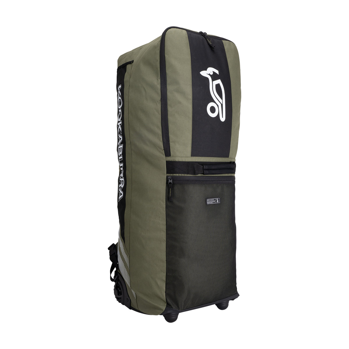 The Kookaburra WD4000 Wheelie Duffle Bag 2026 in khaki and black features a large white logo, front zipper pocket, KOOKABURRA side branding, and upright design with two wheels for durable cricket gear storage and easy transport.