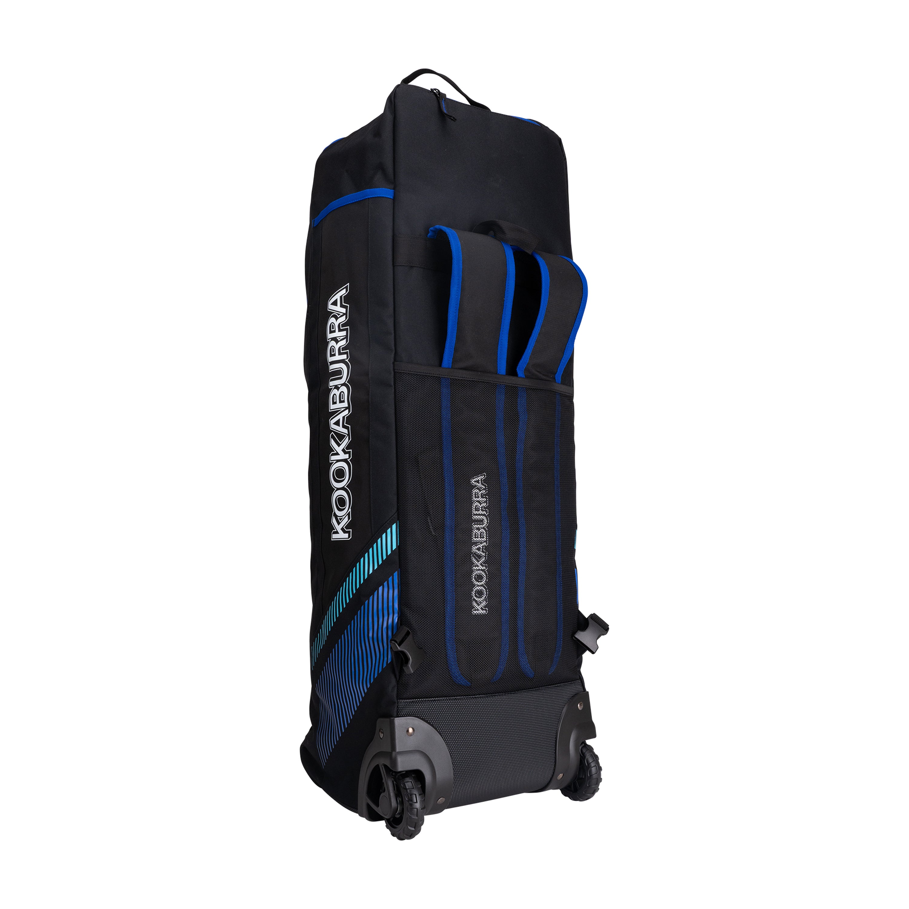 The Kookaburra WD5000 Wheelie Duffle Bag 2026 is a large black bag with blue accents, two wheels, telescopic handle, side pockets, and Kookaburra logo on the side and front—perfect for cricket gear.