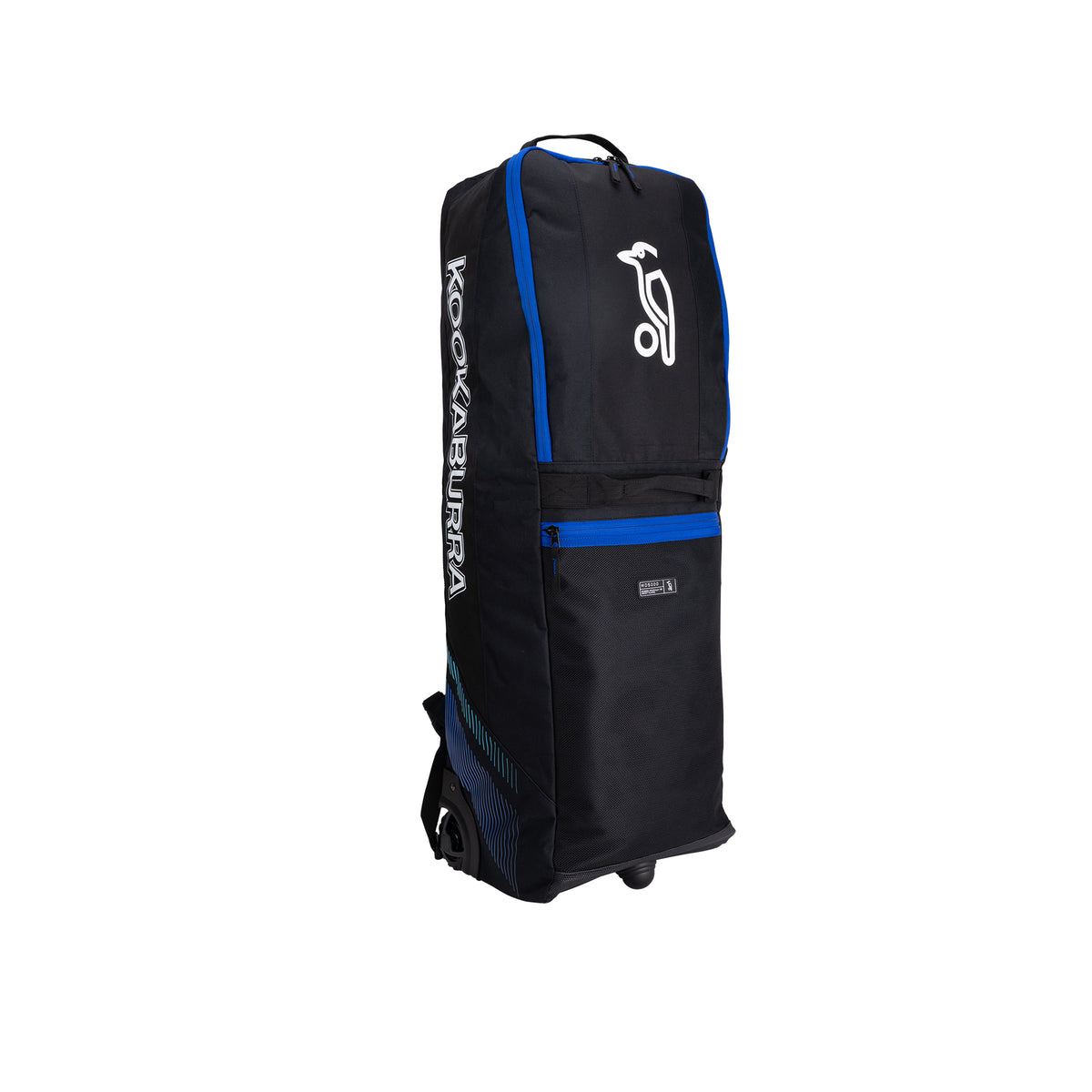 The Kookaburra WD5000 Wheelie Duffle Bag 2026 in black/blue, featuring wheels, a handle, and prominent Kookaburra branding on the side, stands upright against a white background.