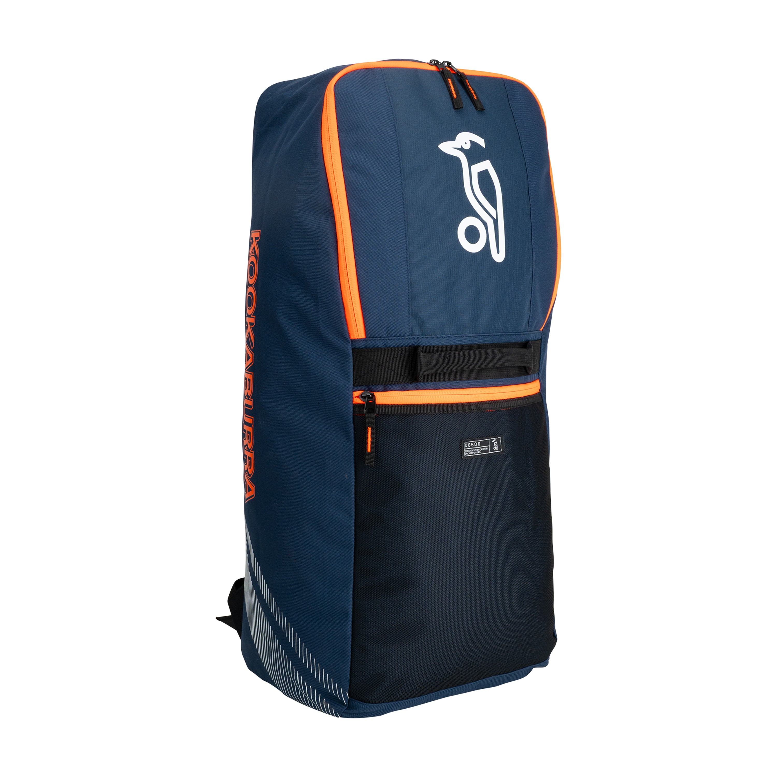 The Kookaburra D6500 Duffle Bag 2026 in navy/orange is ideal as a junior cricket or gear bag, featuring bright orange accents and zippers, a white bird logo on the front, and KOOKABURRA branding on the side.