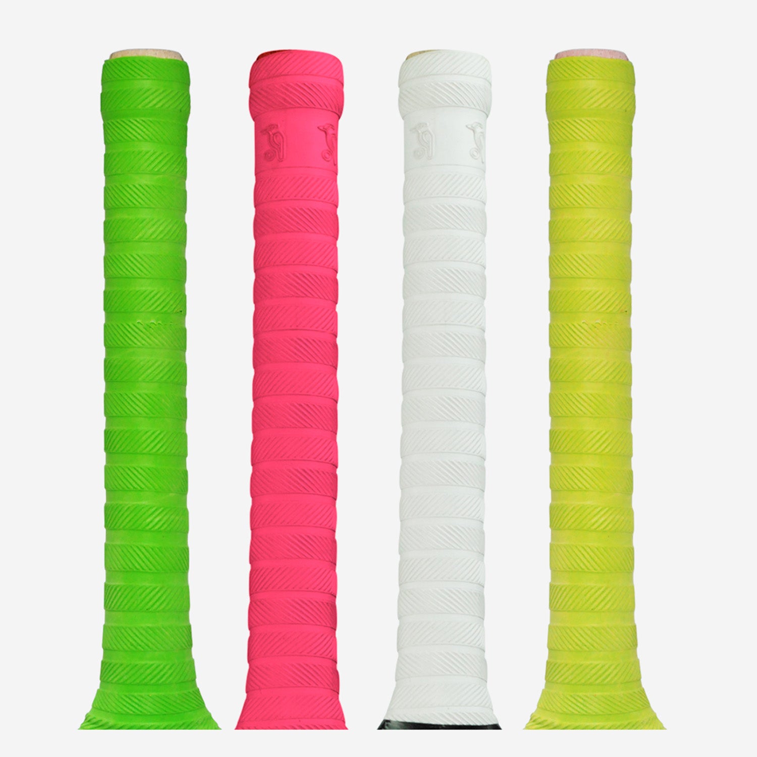 Four textured Kookaburra Players Bat Grips in green, pink, white, and yellow stand upright in a row against a white background—the ideal cricket bat accessory for any player.