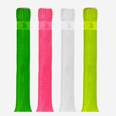 Four upright Kookaburra Octopus Bat Grips—green, pink, white, and yellow—each have a textured surface and solid band near the top. All grips are displayed against a plain white background.