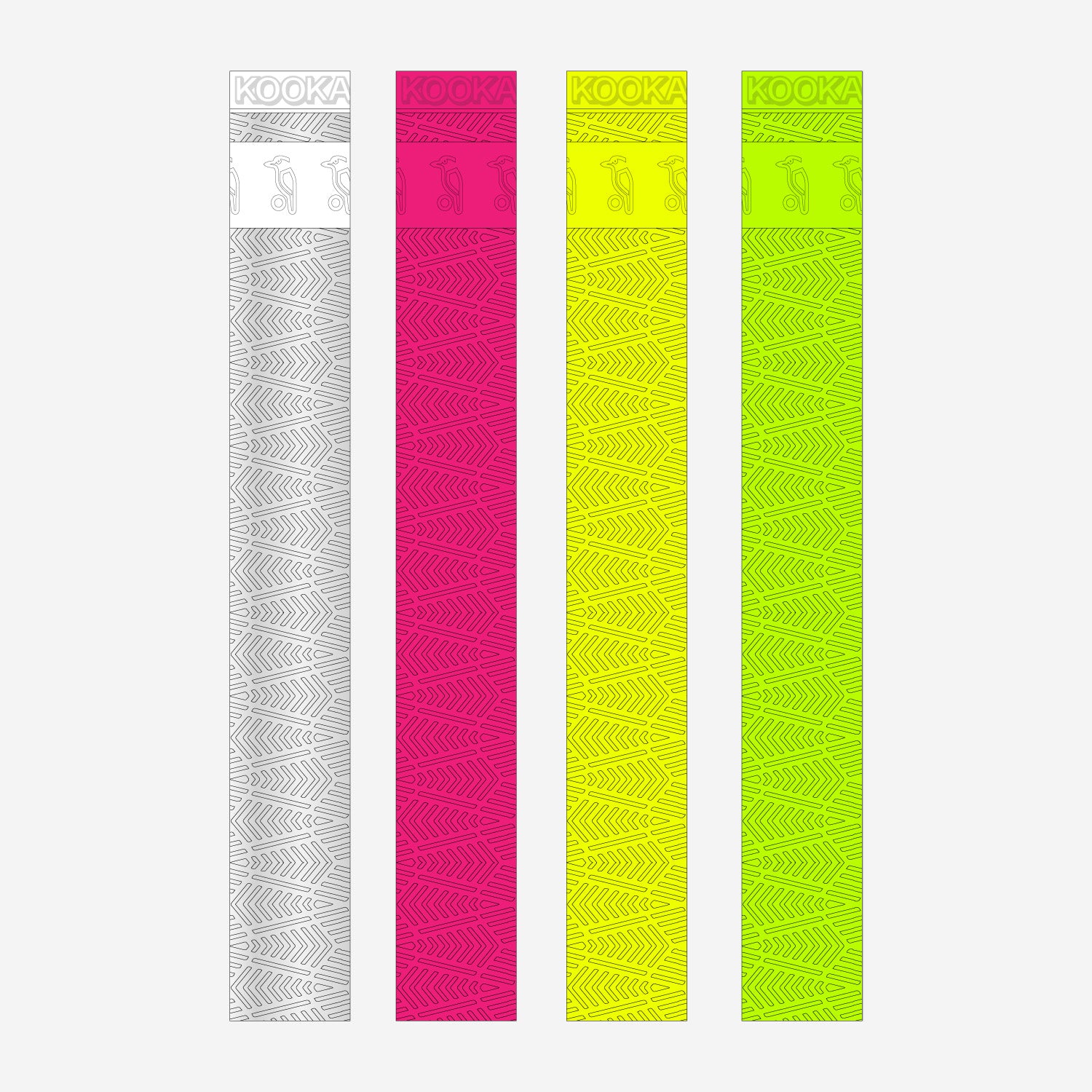 Four Kookaburra Aura Bat Grips in white, pink, yellow, and neon green are shown vertically side by side, each with a repeating geometric feather pattern and the word KOOKA at the top.