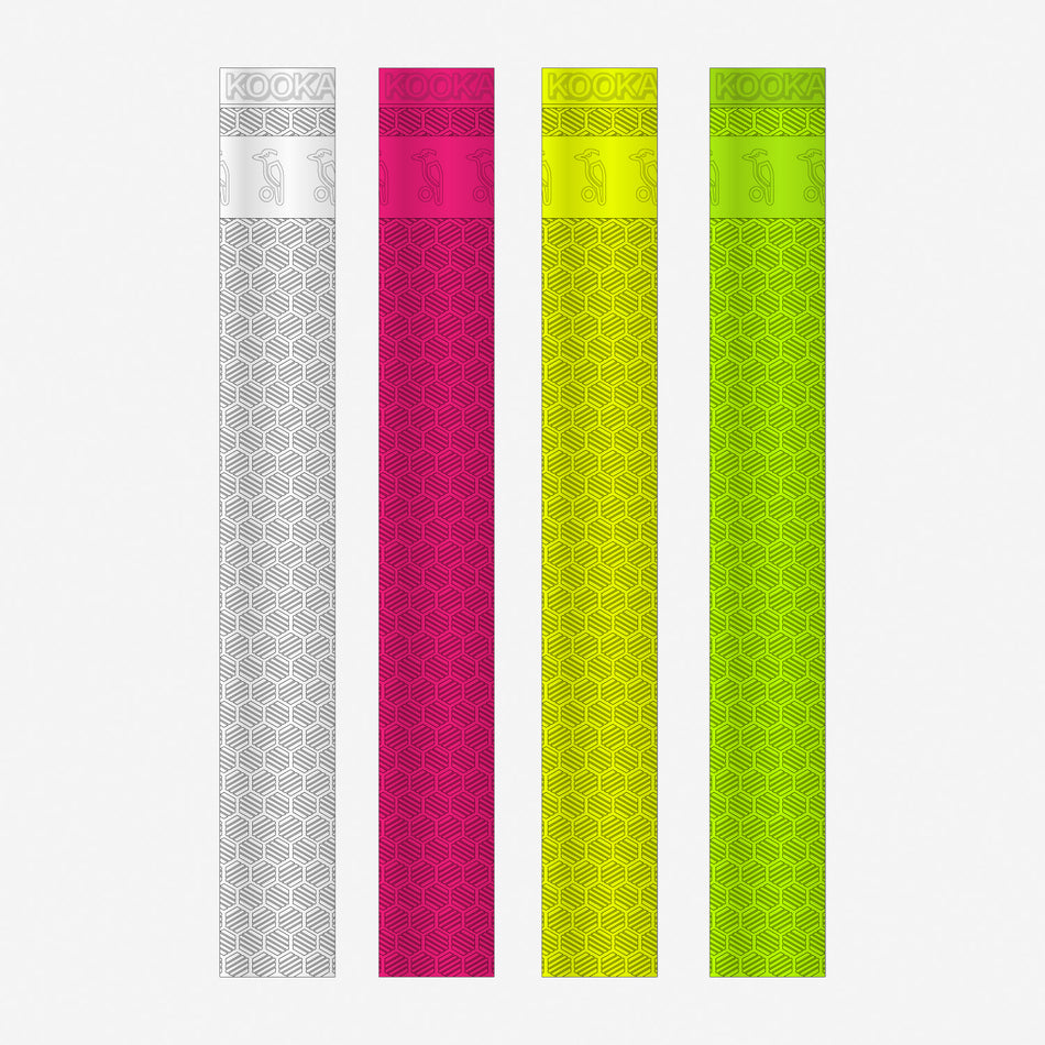 Four upright Kookaburra Hexa Bat Grips, each with a geometric pattern, are shown in white, magenta, yellow, and lime green. Each grip features the KOOKA label at the top.
