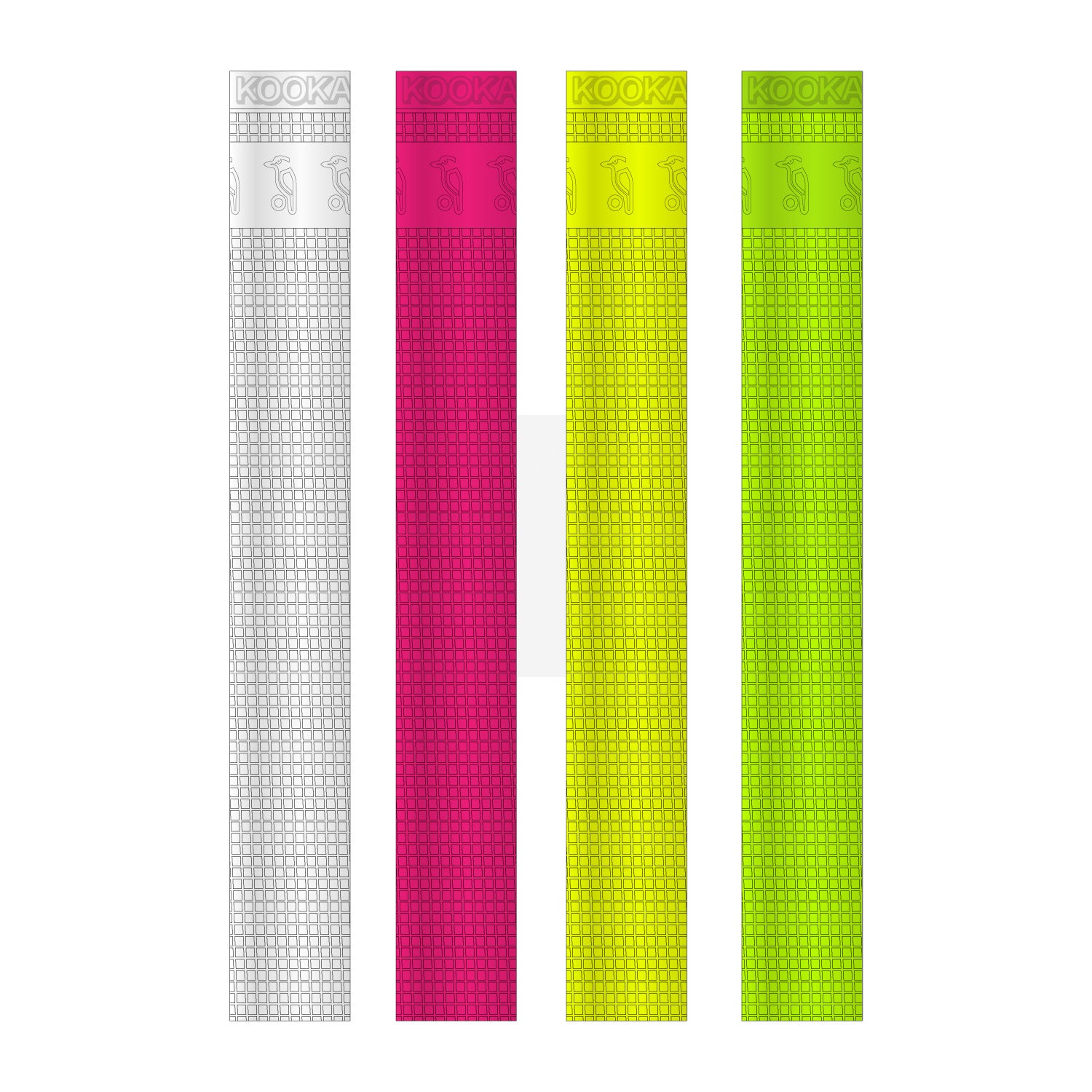 Four Kookaburra Grid Bat Grips in white, pink, yellow, and neon green are displayed vertically. Each grip features textured patterns and the KOOKA logo near the top, ideal for cricket bats. Brand: Kookaburra.