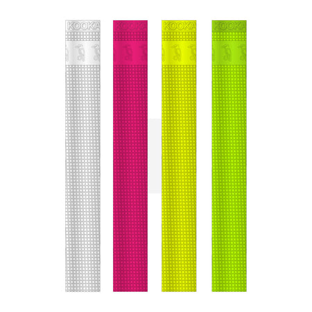 Four Kookaburra Grid Bat Grips in white, pink, yellow, and neon green are displayed vertically. Each grip features textured patterns and the KOOKA logo near the top, ideal for cricket bats. Brand: Kookaburra.