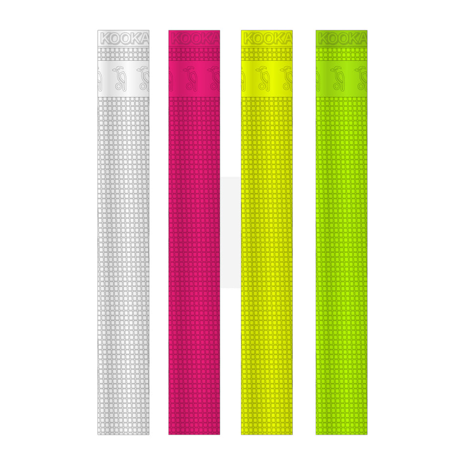 Four Kookaburra Grid Bat Grips in white, pink, yellow, and neon green are displayed vertically. Each grip features textured patterns and the KOOKA logo near the top, ideal for cricket bats. Brand: Kookaburra.