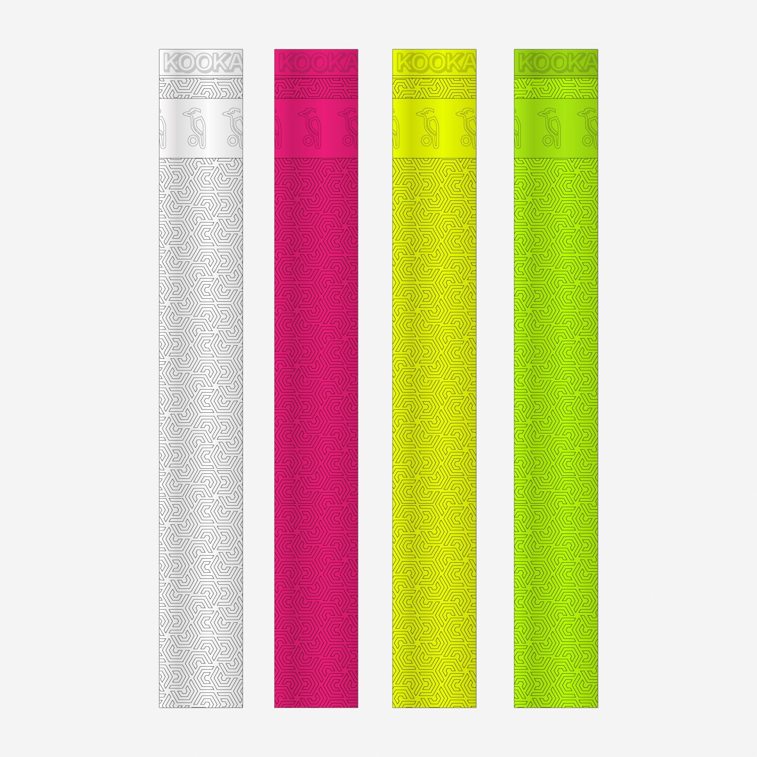 Four slim, rectangular vape pens in white, pink, yellow, and green feature a subtle spiral design inspired by the Kookaburra Spira Bat Grip and display the Kookaburra brand name at the top for added style and comfort.